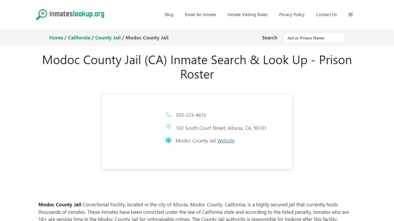 Modoc County Jail (CA) Inmate Search & Look Up - Prison Roster